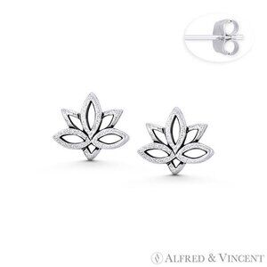 Lotus Flower Charm Stud Earrings in Oxidized .925 Sterling Silver
